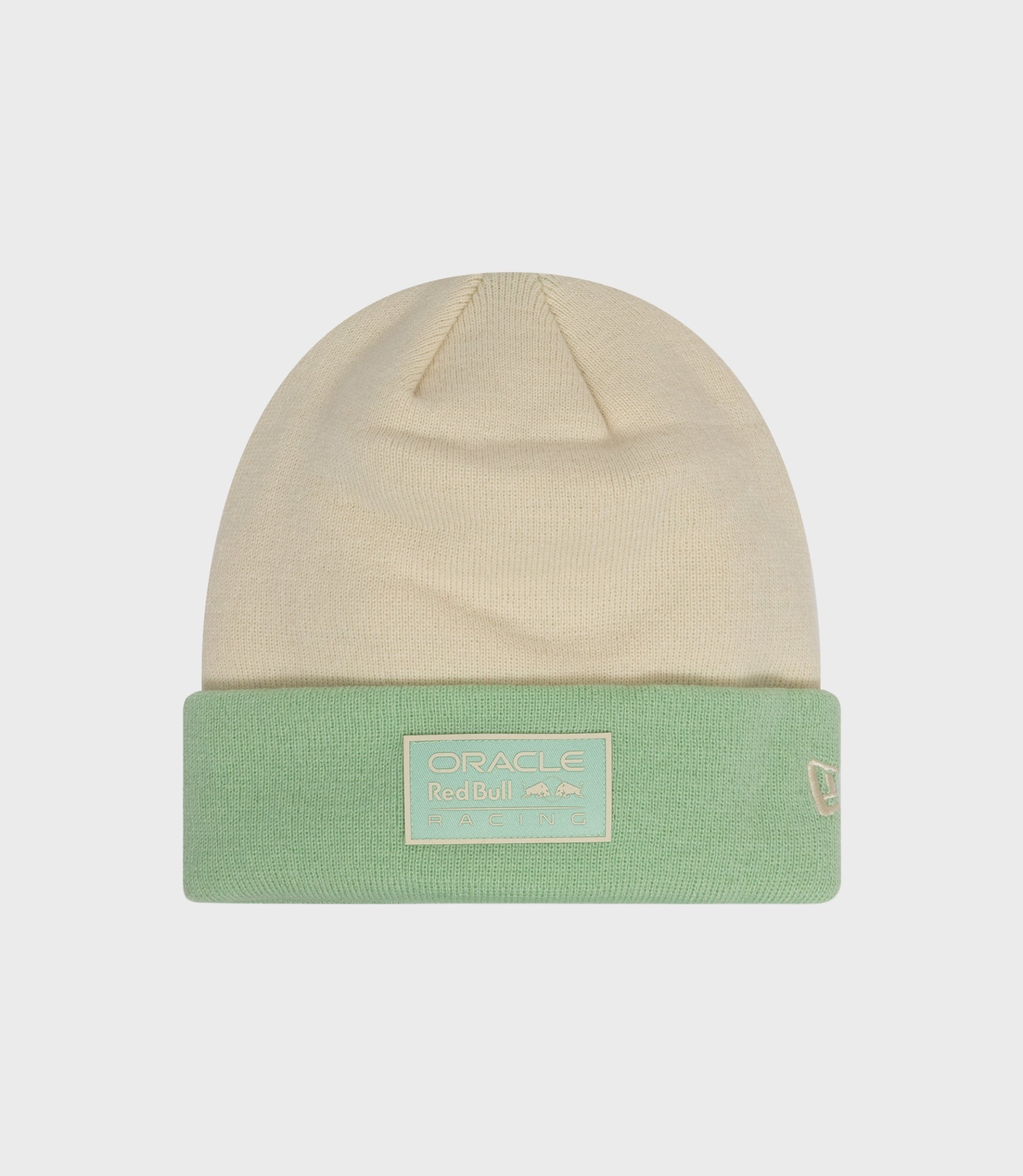 Beige cuff beanie with mint green cuff and Oracle Red Bull Racing patch logo