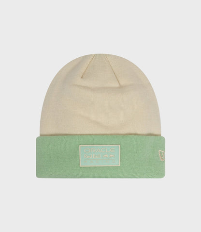 Beige cuff beanie with mint green cuff and Oracle Red Bull Racing patch logo