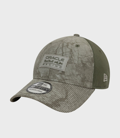 Open Green New Era 39Thirty cap with heather gray crown and Oracle Red Bull Racing patch on the front