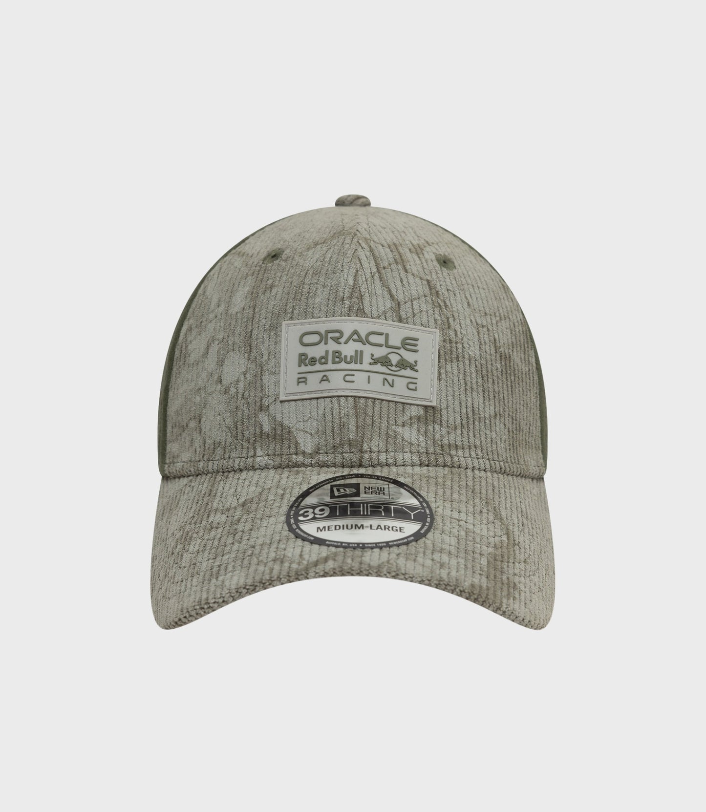 Front view of Open Green cap with weathered gray crown and Oracle Red Bull Racing patch and brim sticker