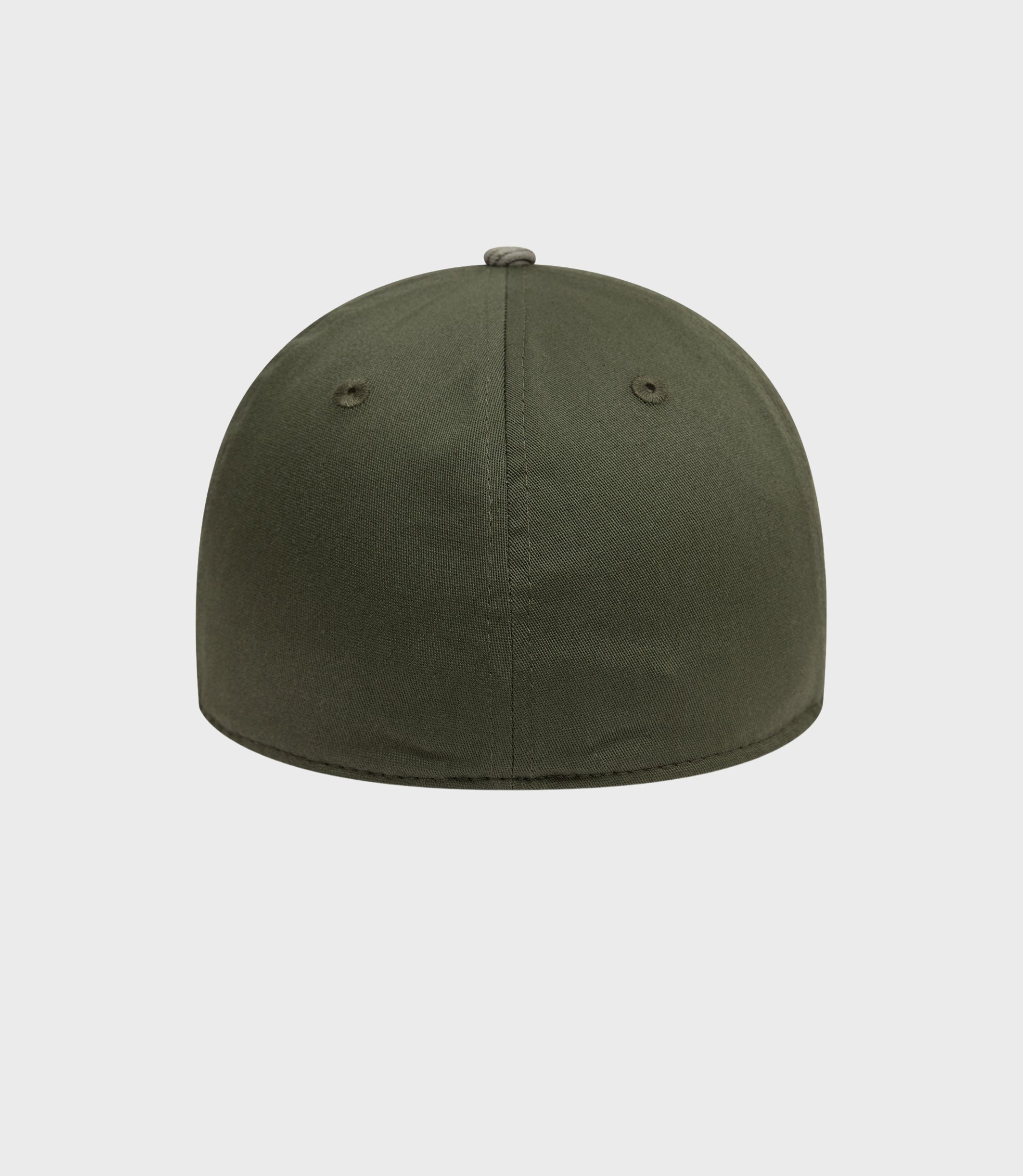 Close up of olive green Open Green cap showing crown panels and top button