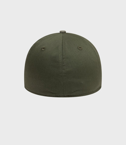 Close up of olive green Open Green cap showing crown panels and top button