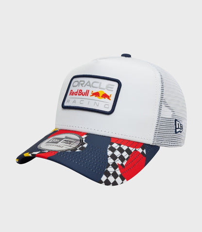 Front close up of white cap with Oracle Red Bull Racing patch and navy border on the front panel