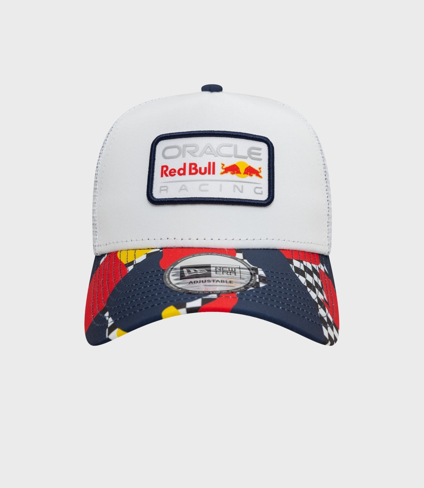 Front view of white cap featuring Oracle Red Bull Racing patch and brim sticker