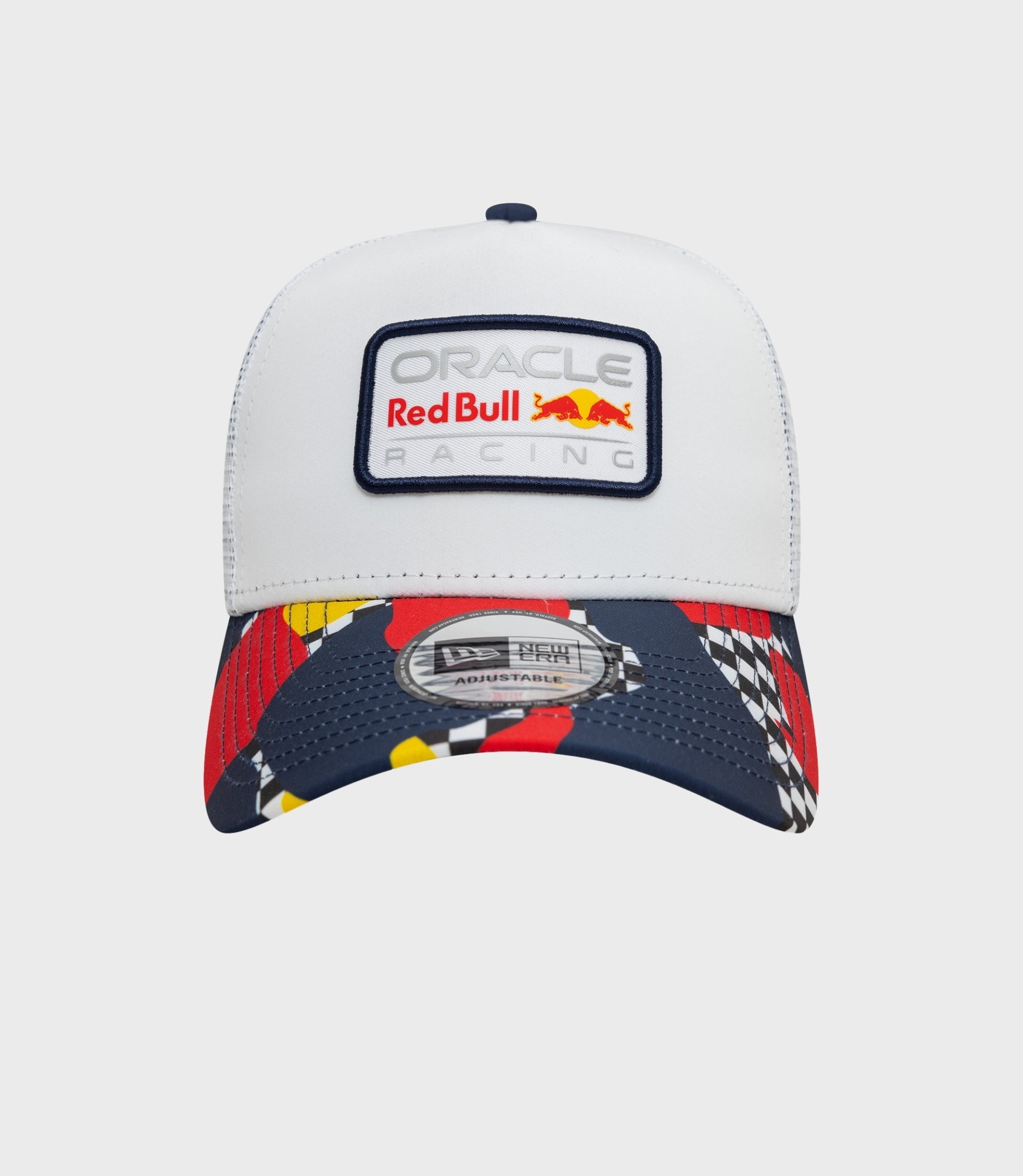 Front view of white cap featuring Oracle Red Bull Racing patch and brim sticker