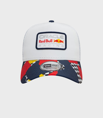Front view of white cap featuring Oracle Red Bull Racing patch and brim sticker