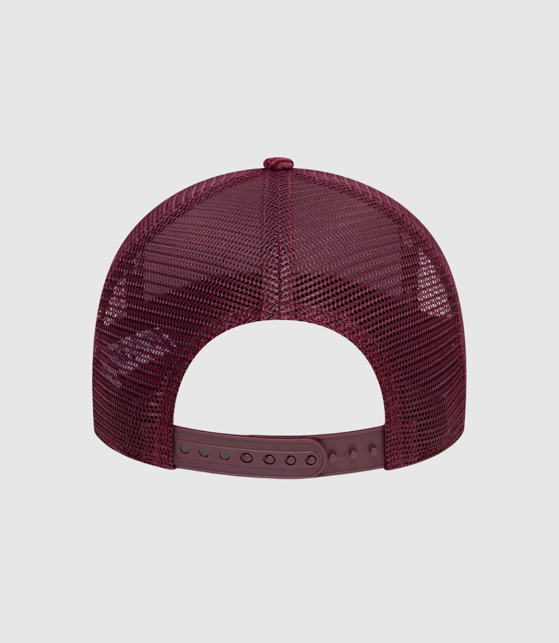 Rear view of burgundy cap with adjustable strap and mesh panel