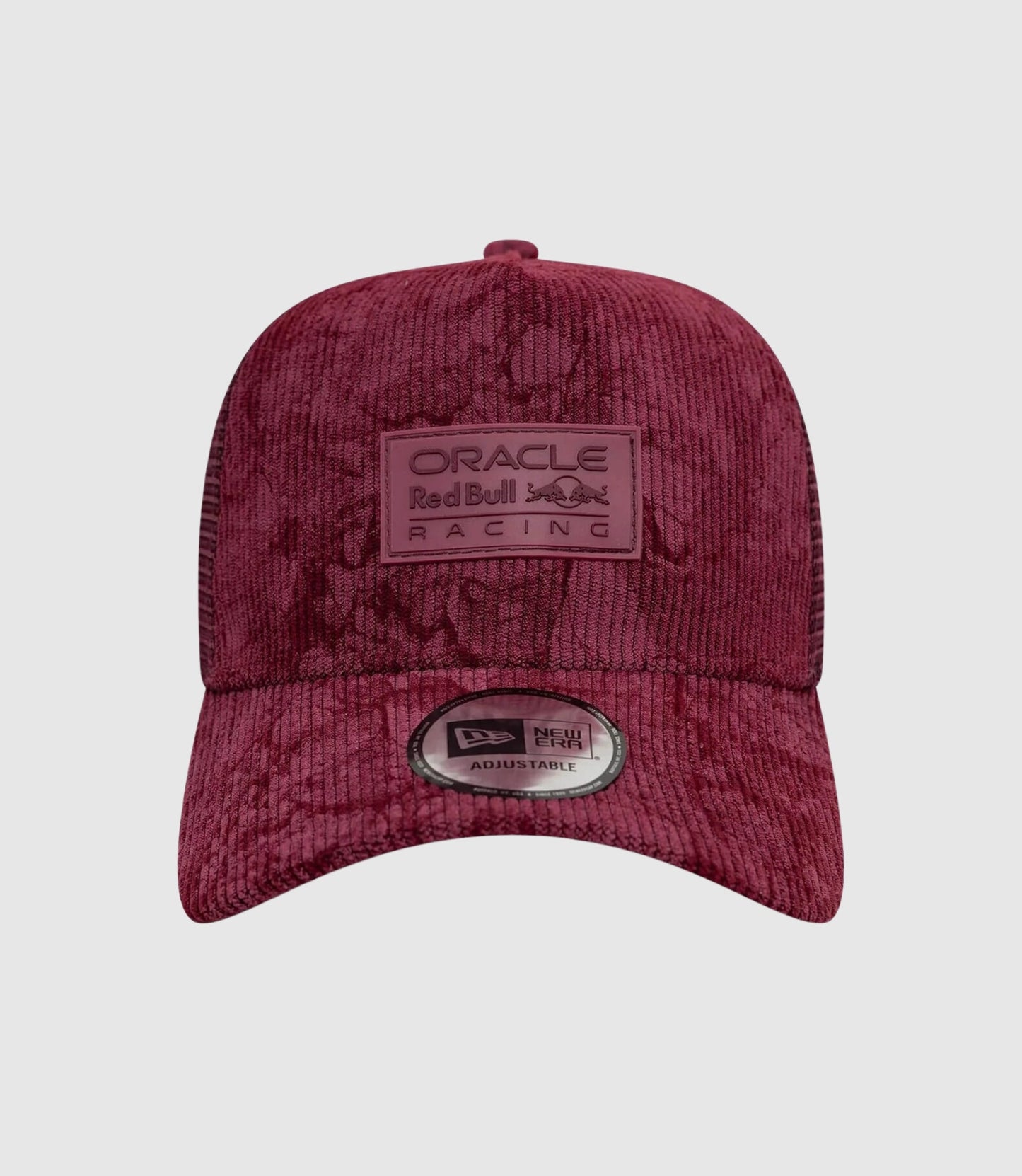 Front view of burgundy corduroy 9Forty cap with Oracle Red Bull Racing patch on the crown