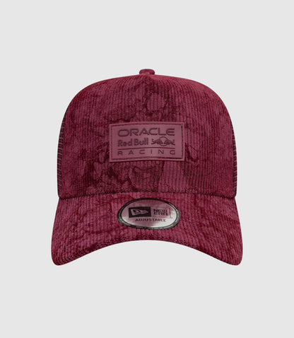 Front view of burgundy corduroy 9Forty cap with Oracle Red Bull Racing patch on the crown
