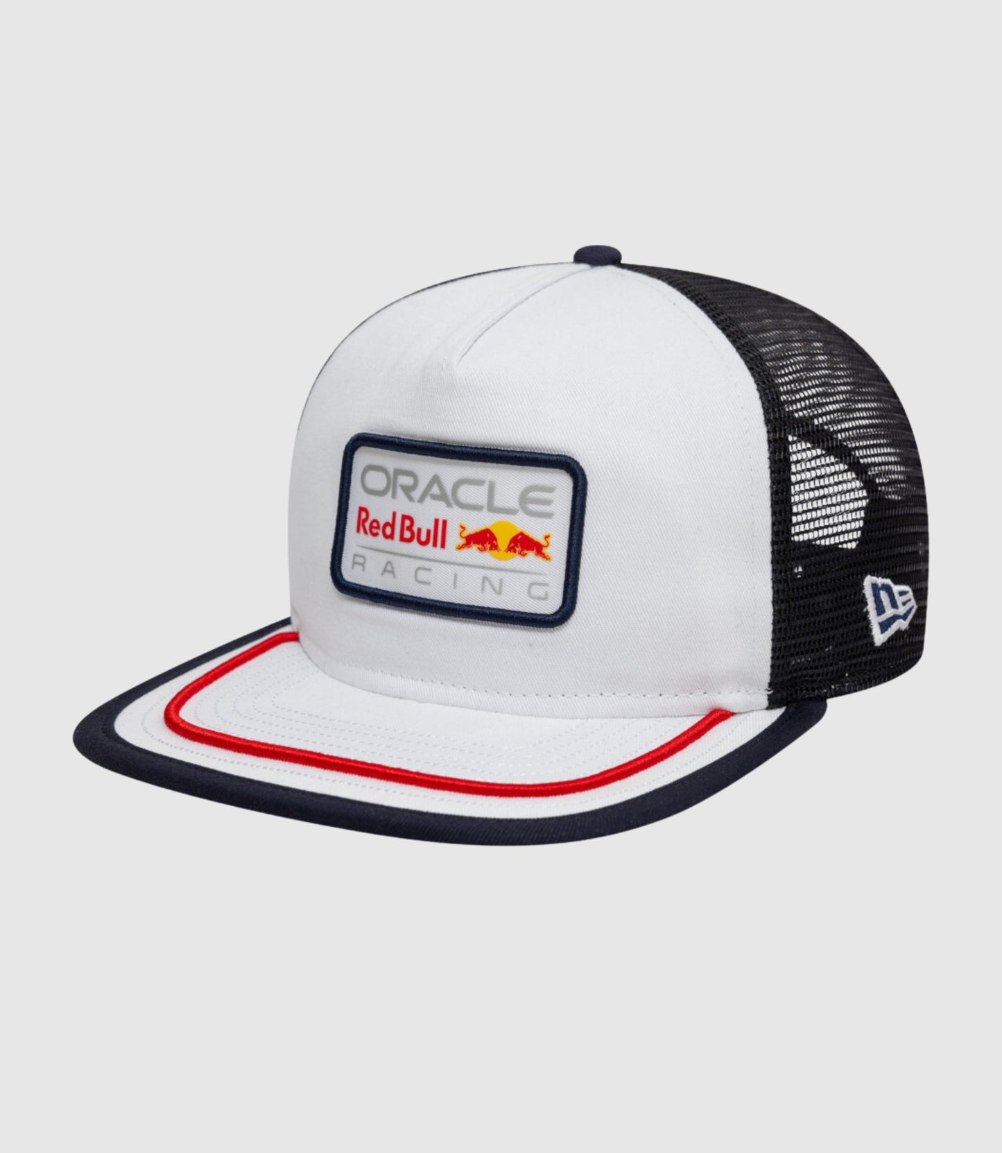 White front panel cap with Oracle Red Bull Racing patch and brim outlined in red and navy piping