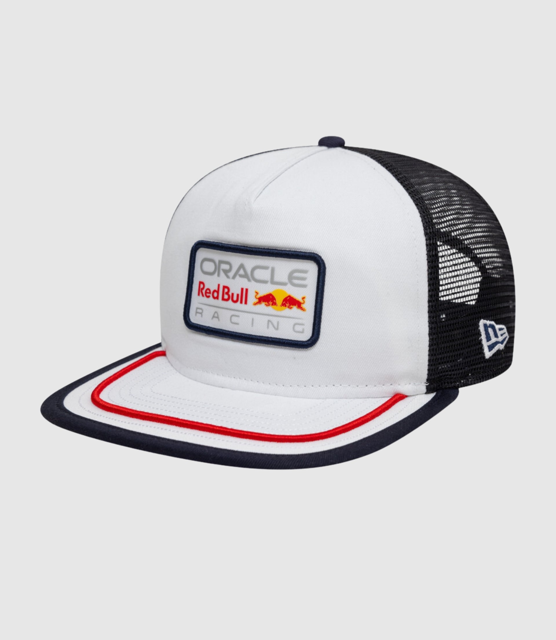 White front panel cap with Oracle Red Bull Racing patch and brim outlined in red and navy piping