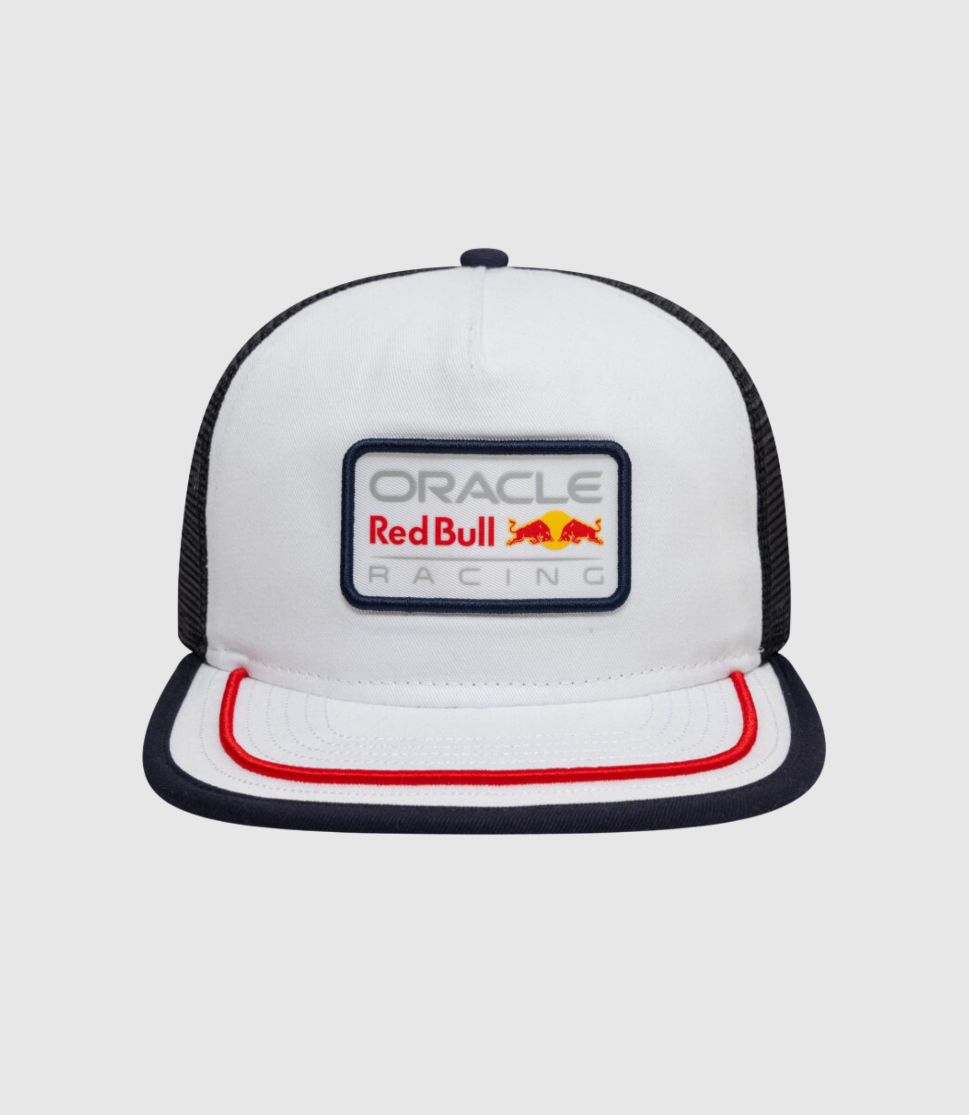 Front view of the New Era Oracle Red Bull Racing Retro 9Fifty cap in white with embroidered front patch