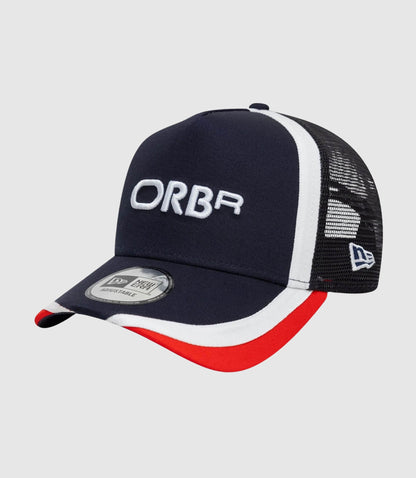 Dark blue retro E-Frame trucker cap with white piping and mesh back