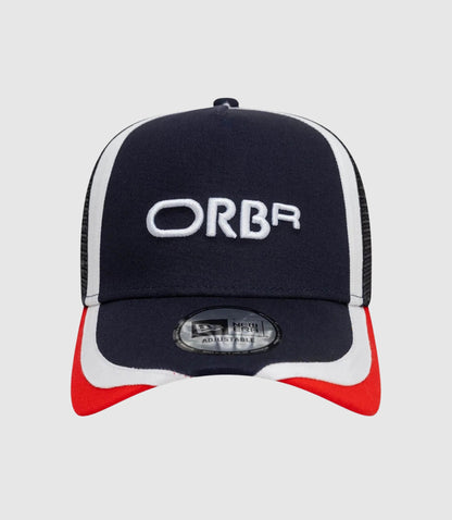 Close up of navy blue Oracle Red Bull Racing Retro E Frame Trucker Cap front panel with white piping