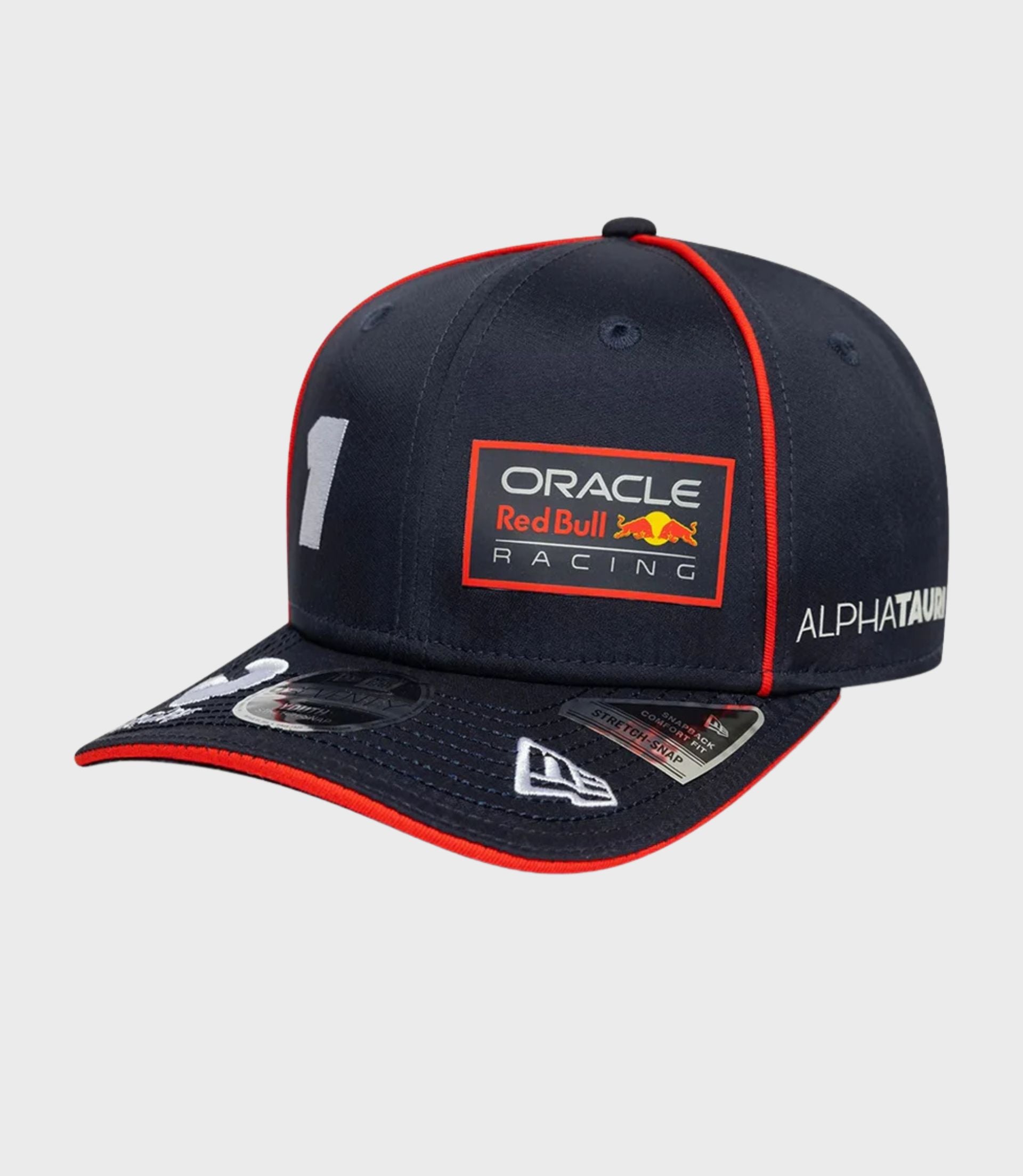 Close up of navy blue New Era 9Seventy cap with red piping and Oracle Red Bull Racing patch on the front