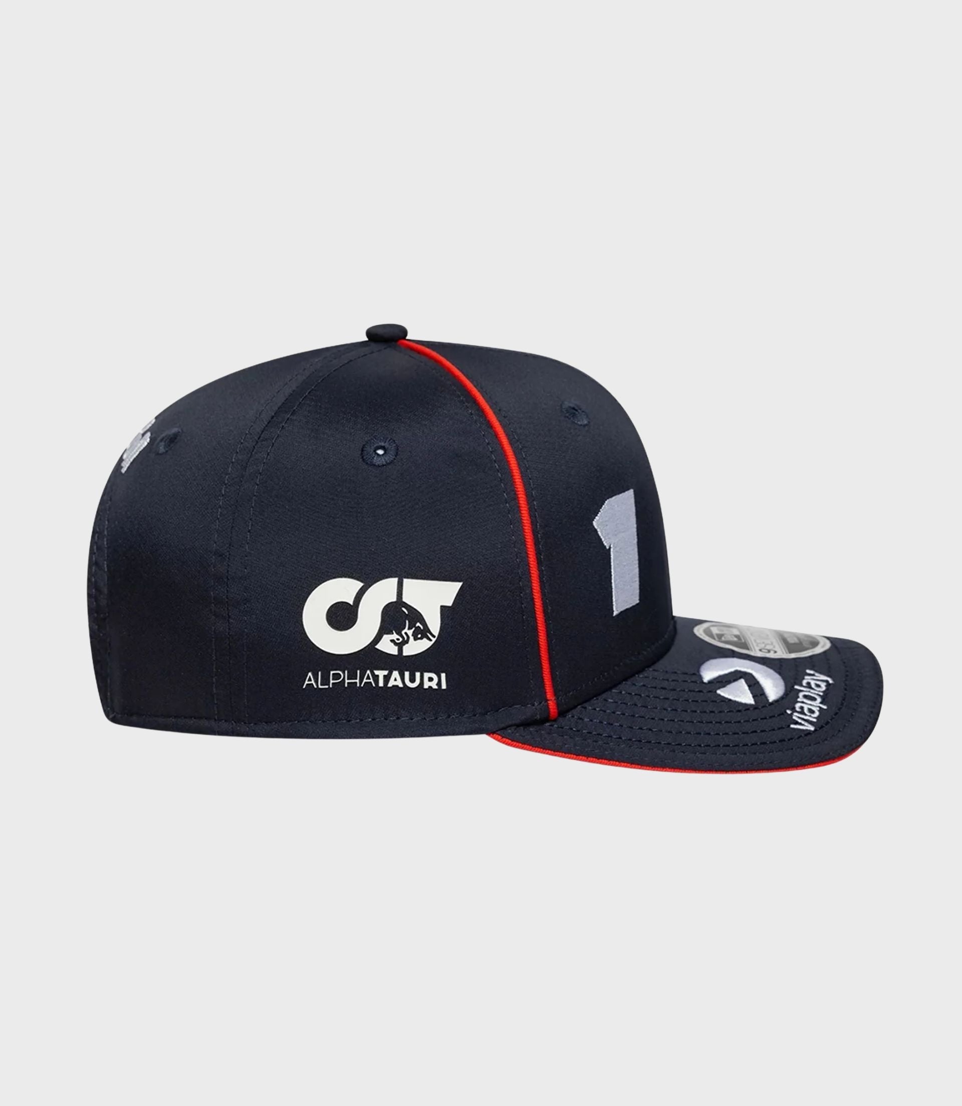 Top view of a dark blue Max Verstappen 9Seventy cap showing a red center seam and small crown button