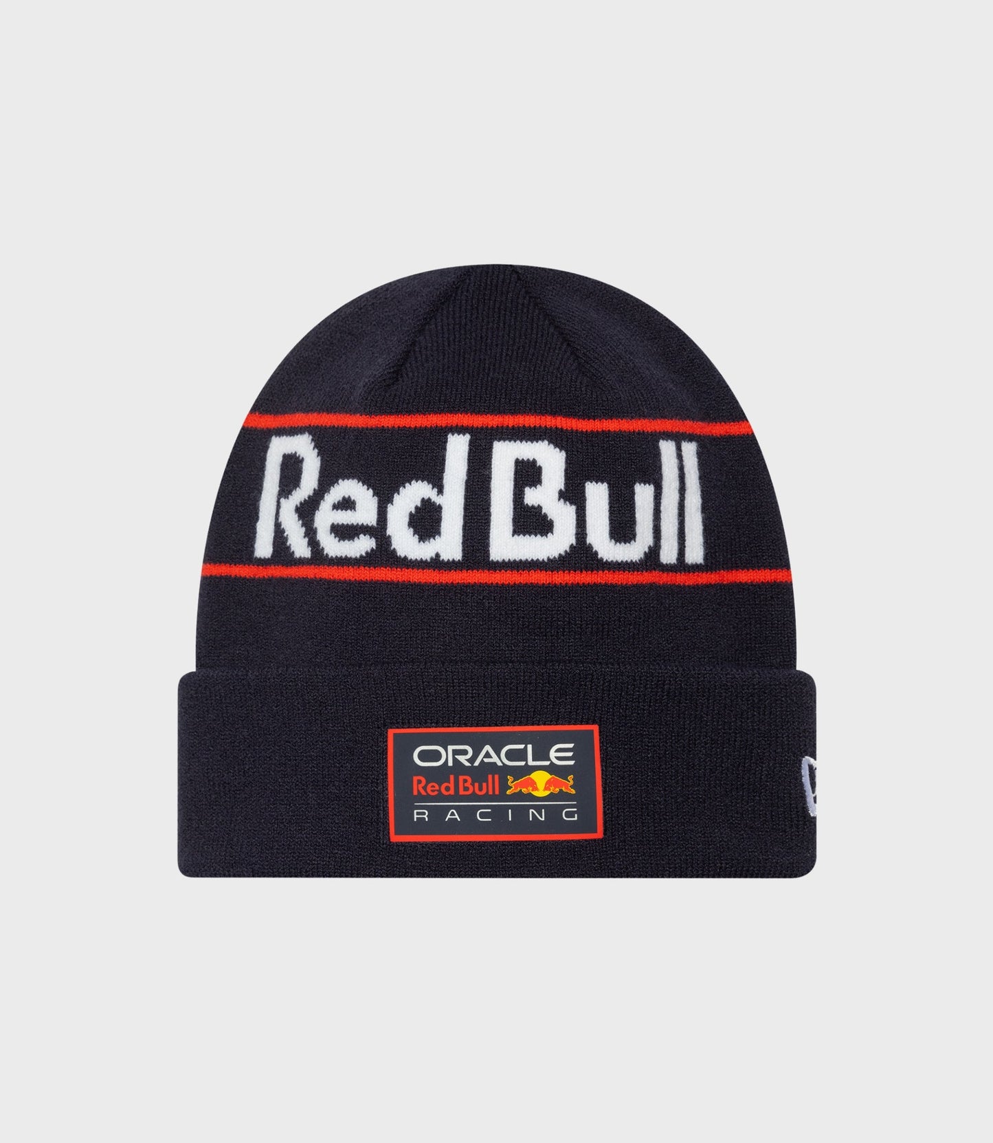 Dark blue knit beanie with a folded cuff and Oracle Red Bull Racing patch on the front.