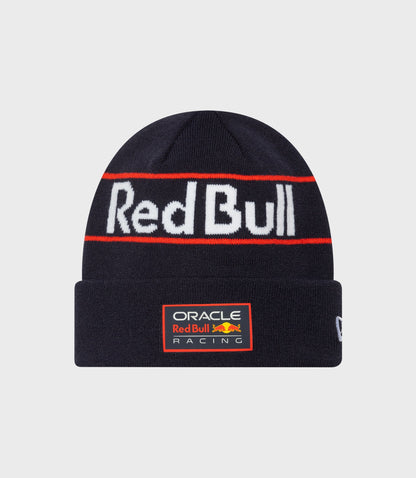 Dark blue knit beanie with a folded cuff and Oracle Red Bull Racing patch on the front.