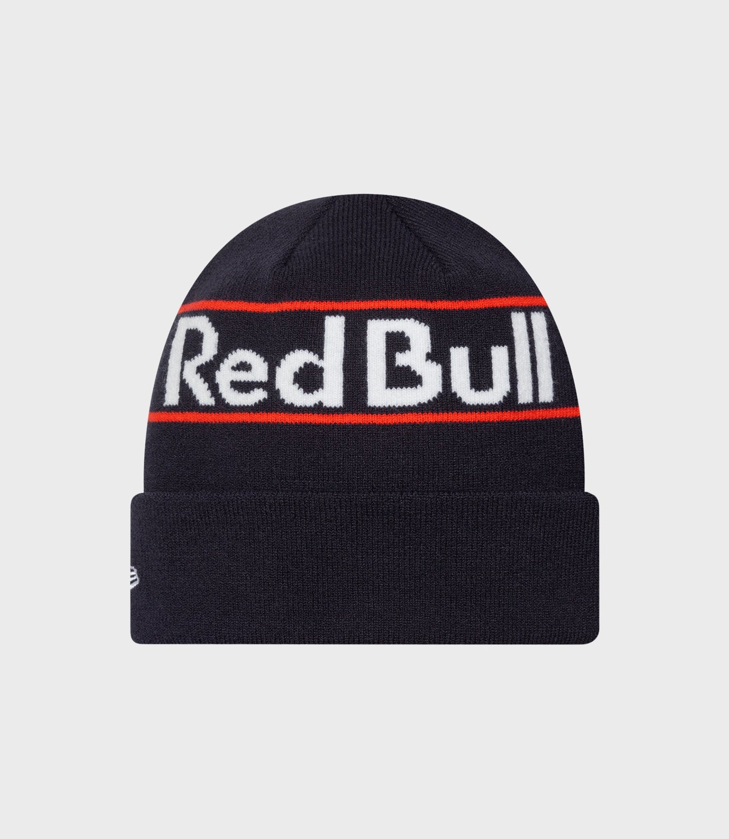 New Era x Oracle Red Bull Racing cuff knit beanie in dark blue with a white wordmark and red stripe