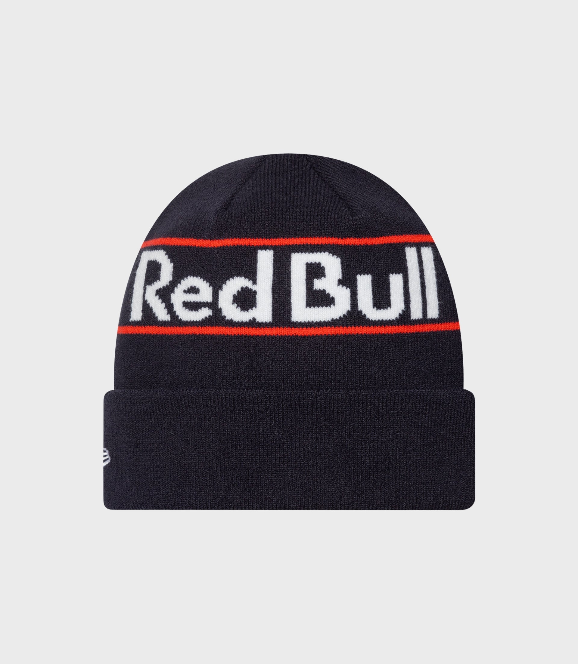 New Era x Oracle Red Bull Racing cuff knit beanie in dark blue with a white wordmark and red stripe