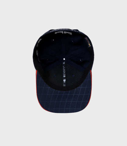 Inside view of a dark blue Max Verstappen New Era 9Seventy cap showing crown panels and interior stitching