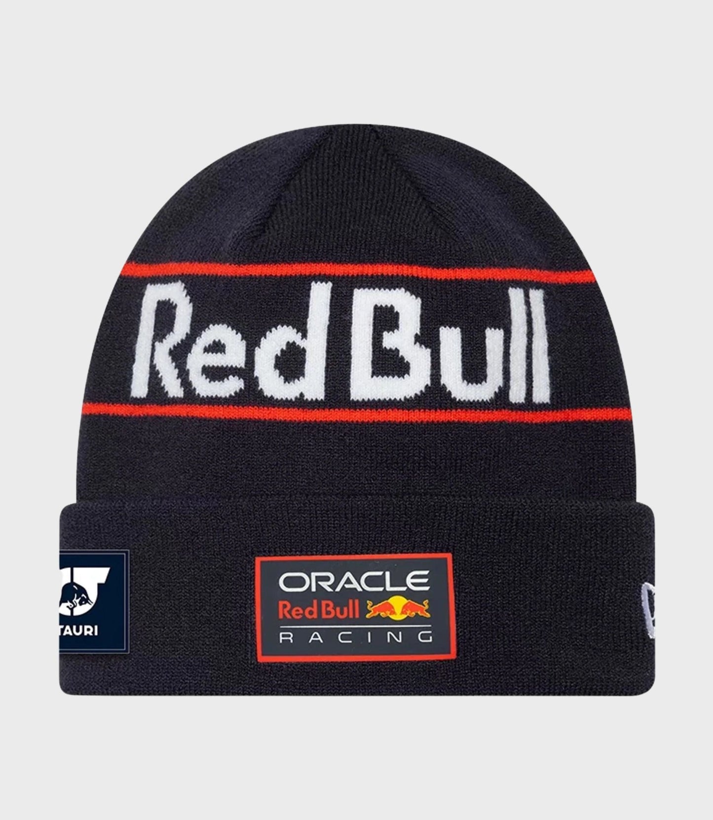 New Era x Oracle Red Bull Racing cuff knitted beanie in dark blue with a red stripe and Verstappen branding.