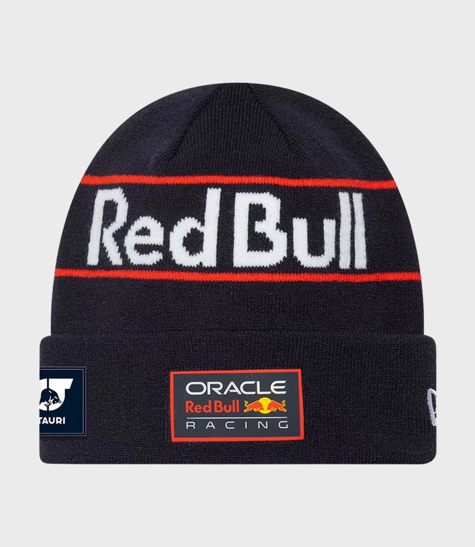 New Era x Oracle Red Bull Racing cuff knitted beanie in dark blue with a red stripe and Verstappen branding.