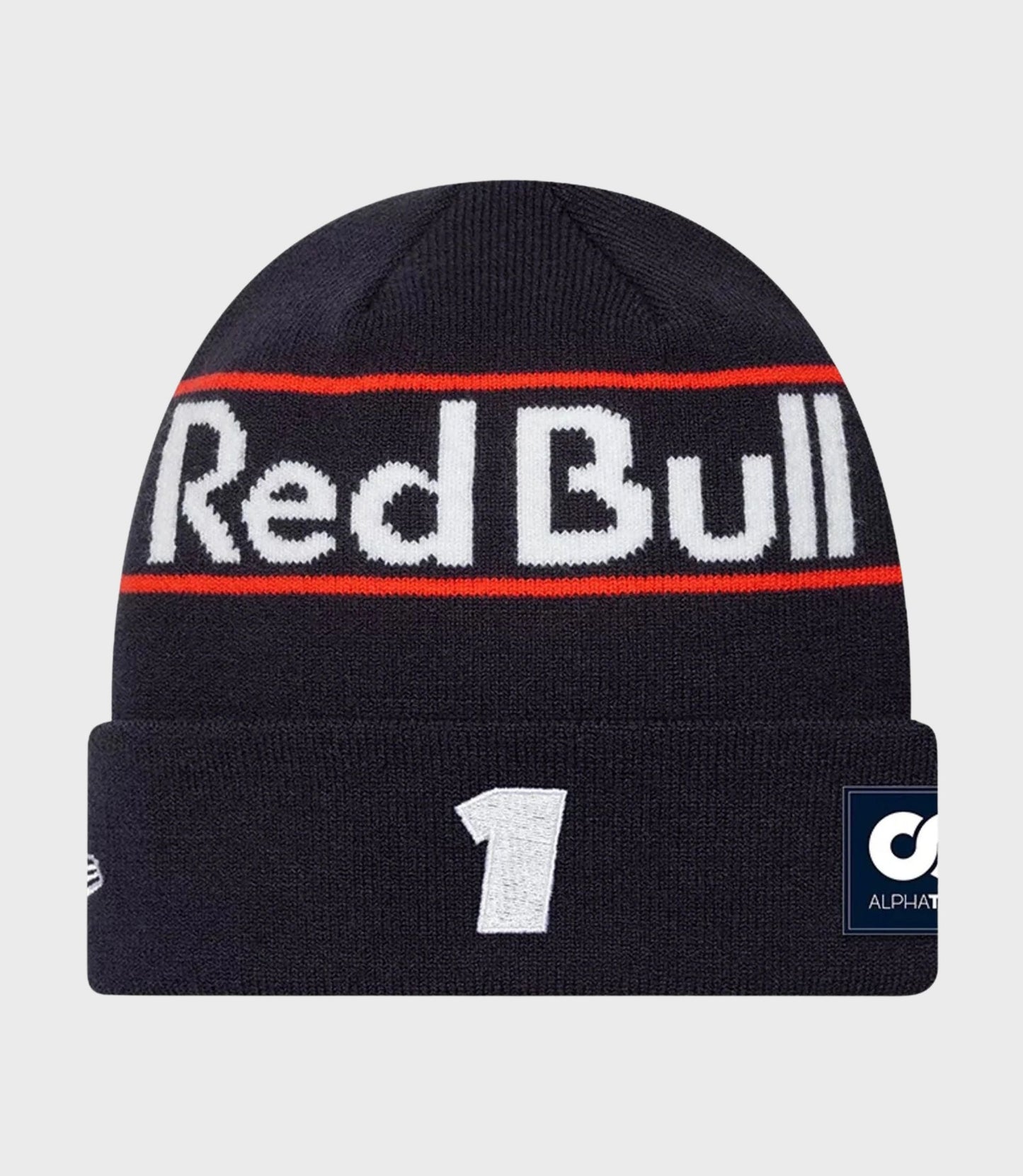 Close up of dark blue cuff knitted beanie with Verstappen lettering and a red stripe across the cuff.