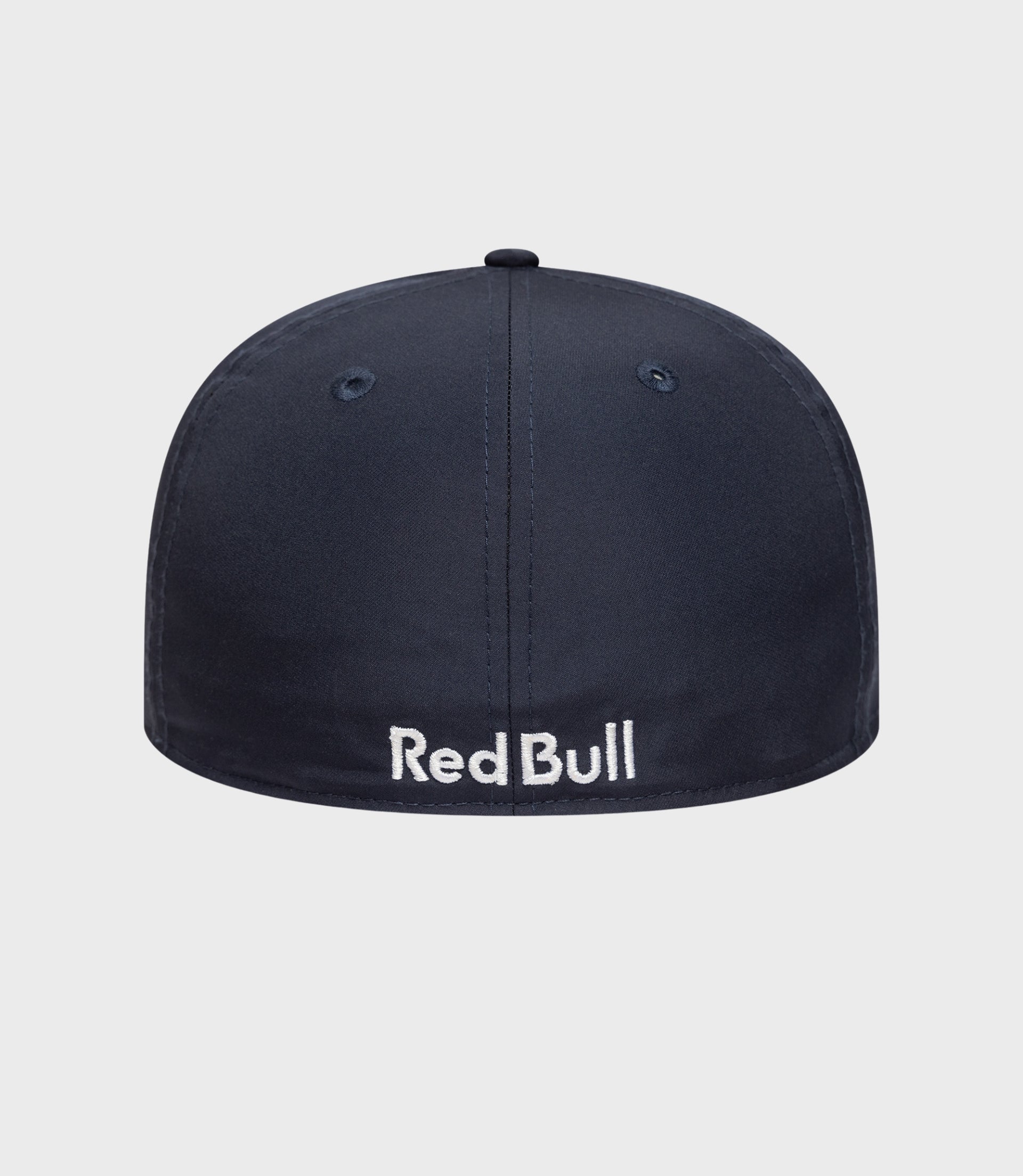 Top view of a dark blue New Era 59Fifty cap crown with a small button at the center.