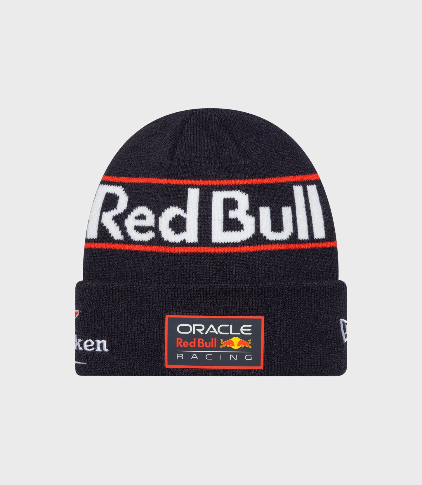 New Era X Oracle Red Bull Racing Junior Teamline cuffed beanie in dark blue with a red stripe and Oracle patch