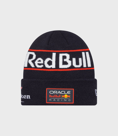 New Era X Oracle Red Bull Racing Junior Teamline cuffed beanie in dark blue with a red stripe and Oracle patch