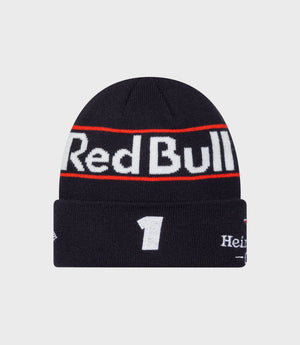 Dark blue cuffed knit beanie with red stripe and Oracle Red Bull Racing patch on the front