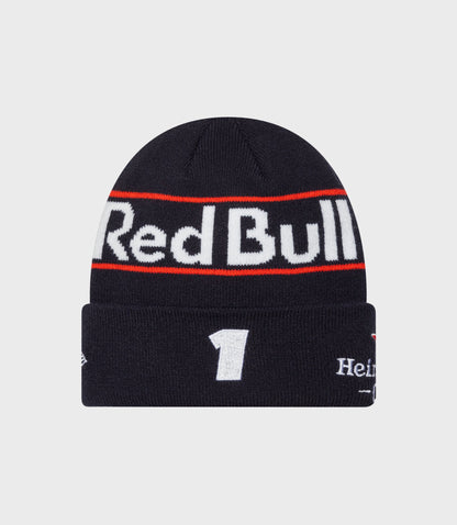 Dark blue cuffed knit beanie with red stripe and Oracle Red Bull Racing patch on the front