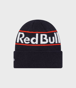 Dark blue cuff knitted beanie with Oracle Red Bull Racing patch on front and a red stripe detail