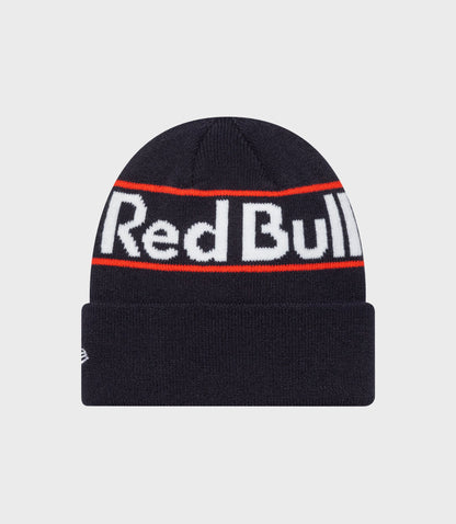 Dark blue cuff knitted beanie with Oracle Red Bull Racing patch on front and a red stripe detail