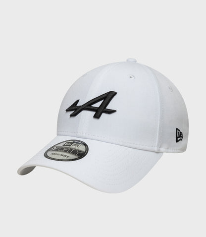 White New Era 9Forty cap with black embroidered front logo and curved visor