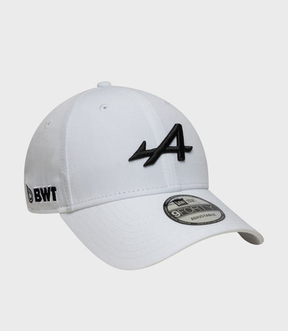 White New Era Estretch Snapential 9Forty cap close up of crown with black embroidered logo