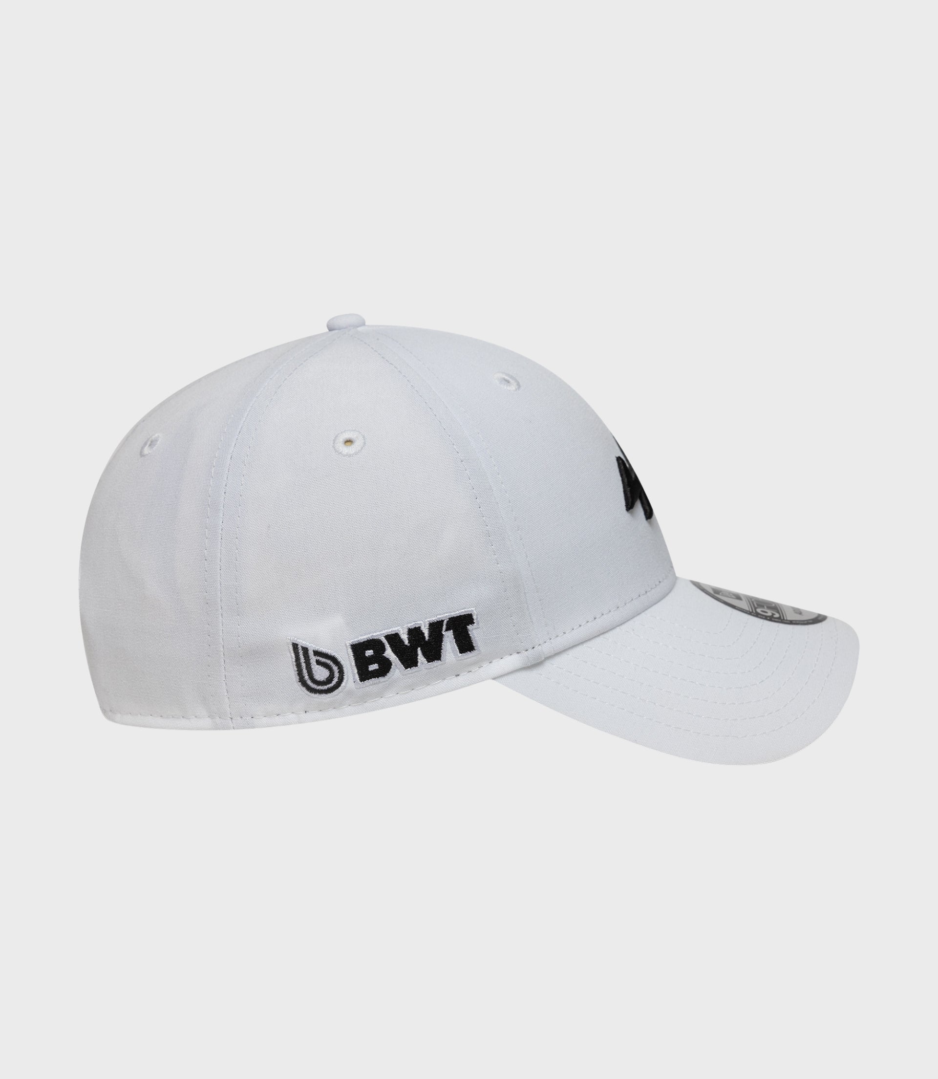 White cap angled to show side US BWT logo and New Era sticker on brim