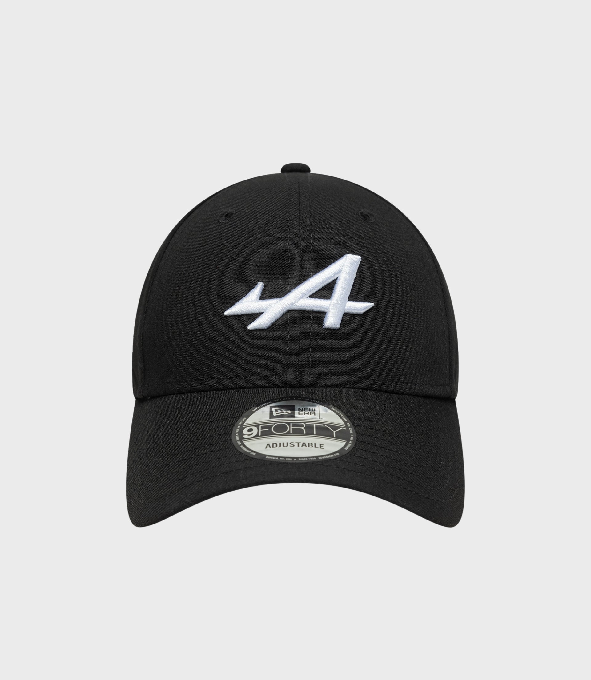 Black New Era 9Forty cap angled front with white embroidery and brim sticker
