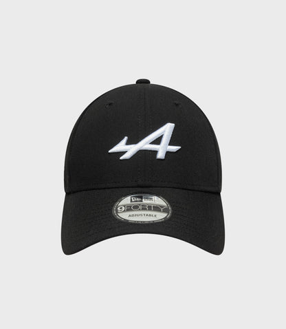 Black New Era 9Forty cap angled front with white embroidery and brim sticker