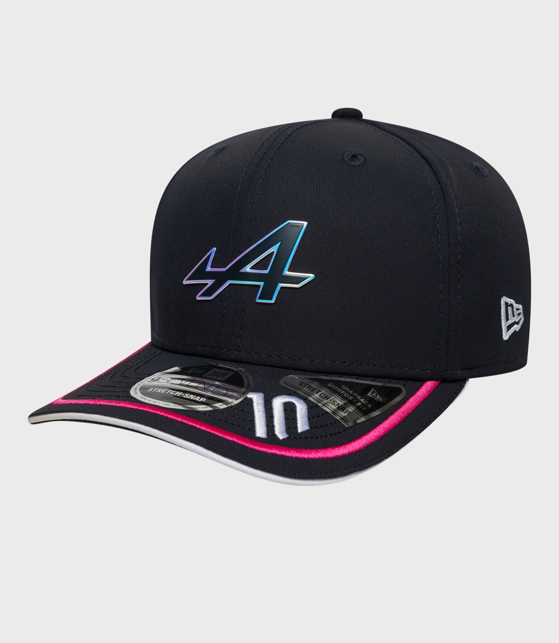 Navy New Era 9Seventy stretch snap cap with a large iridescent front logo and a small New Era emblem on the side