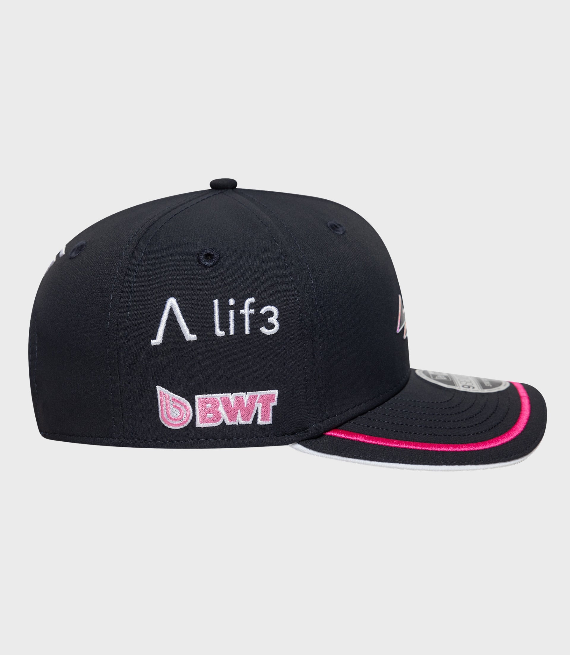 Navy cap with white Life3 embroidery on the front and pink piping along the brim plus a BWT patch on the side