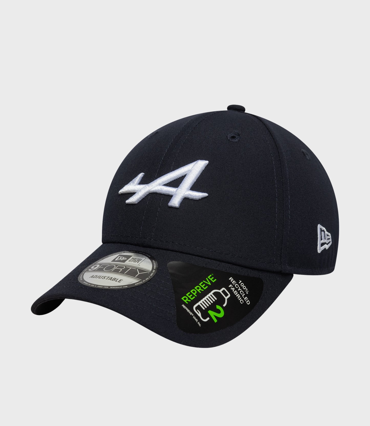 Front view of navy New Era Repreve 9Forty cap with white embroidered logo on the crown and a brim sticker