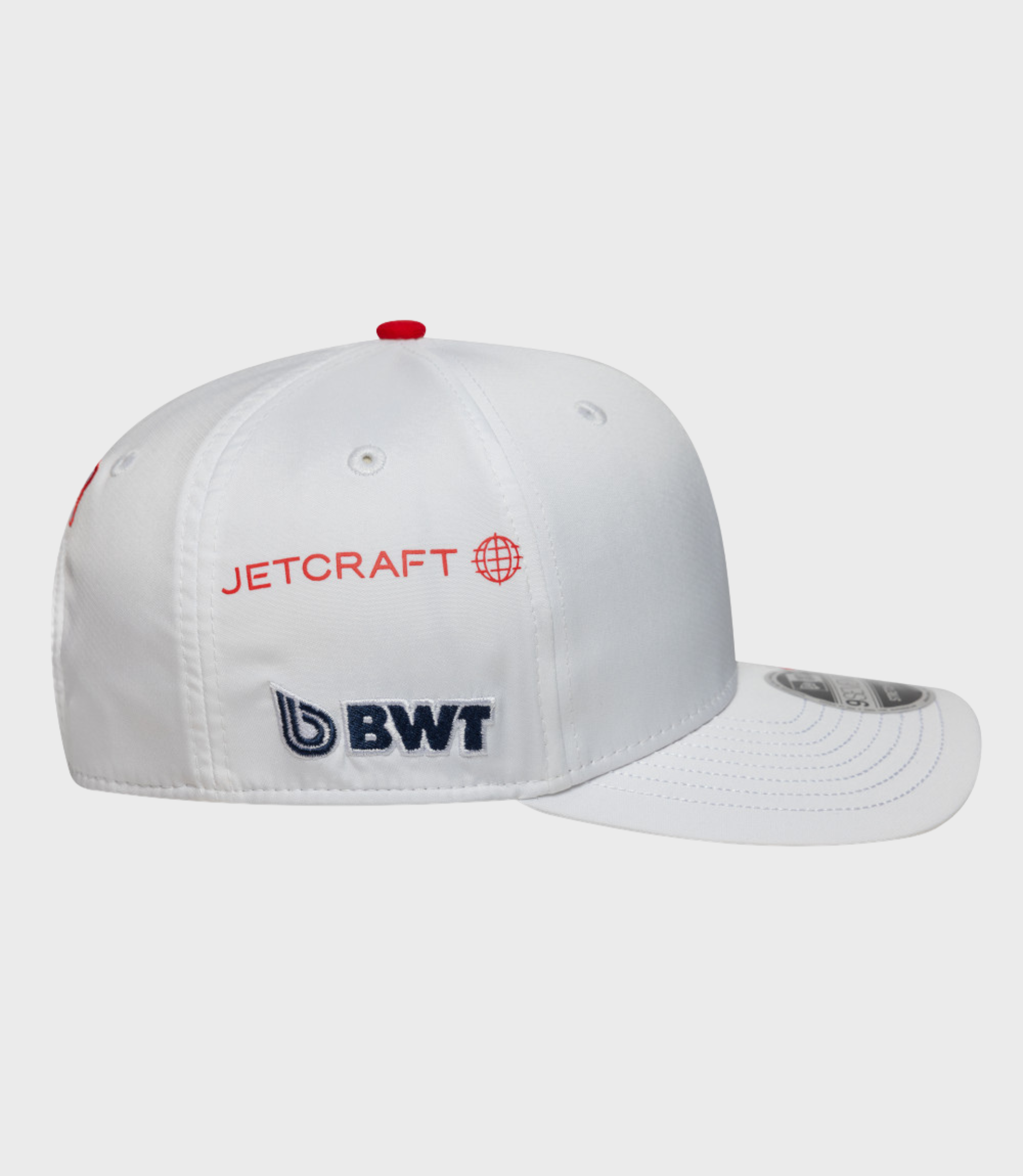 White cap with Jetcraft embroidery and blue BWT logo patch on the front, curved brim.