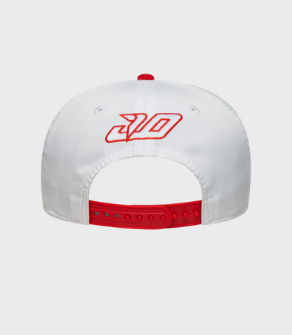 Rear view of white New Era 9Seventy cap with red snap strap and red top button
