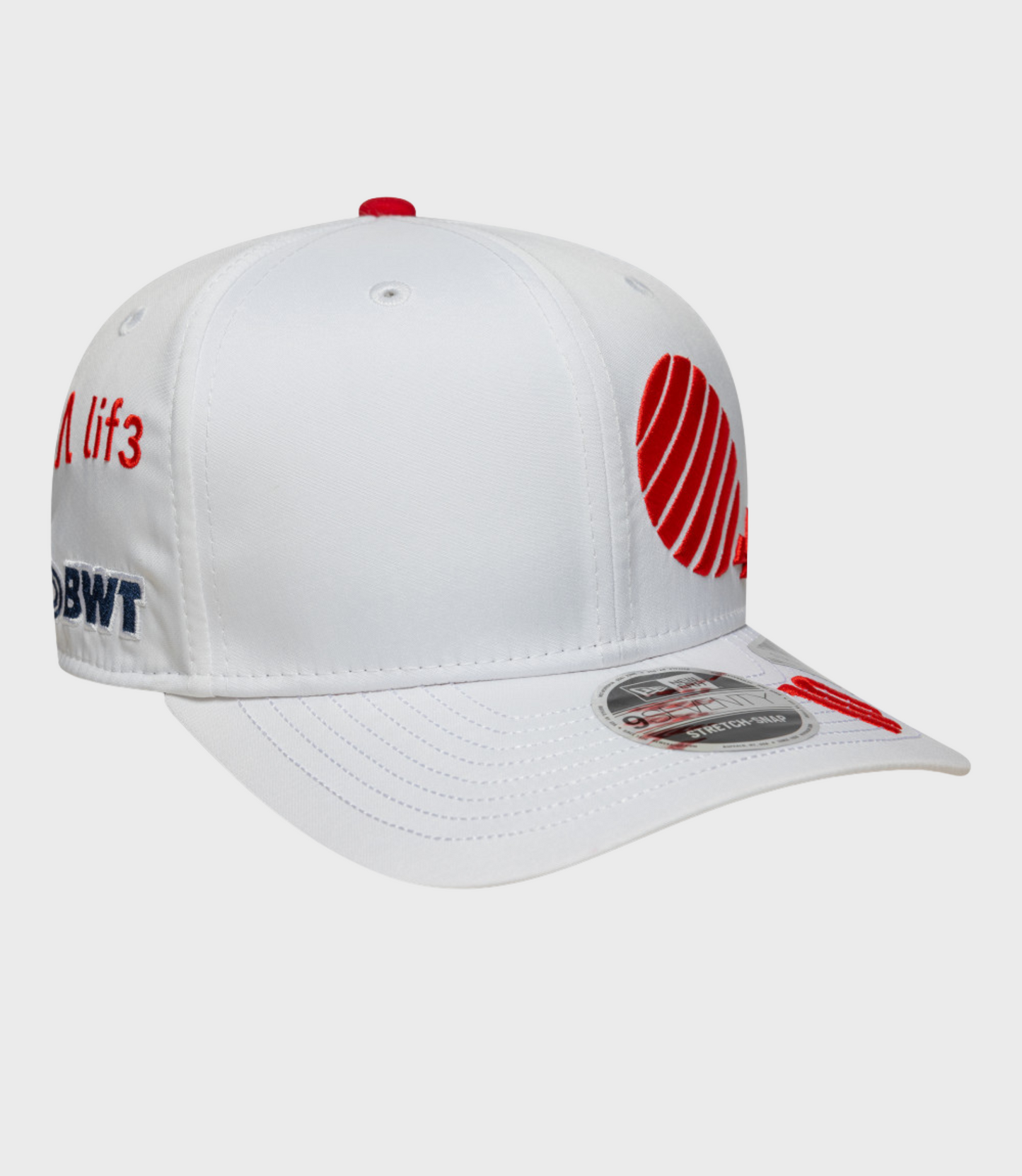 Three quarter back view of white cap showing blue BWT patch red embroidery and a curved brim with sticker.