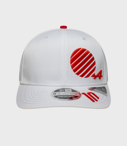 White cap with red top button and red stitched logo on front panel