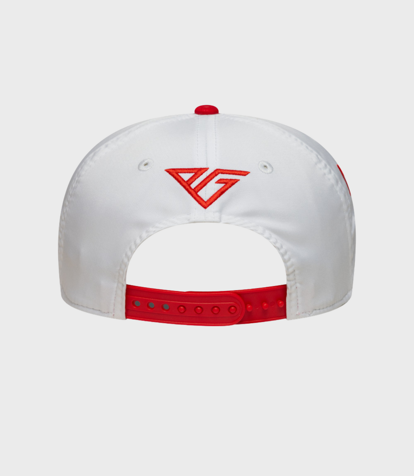 Rear view of white stretch snap cap with a red adjustable strap and red side embroidery.