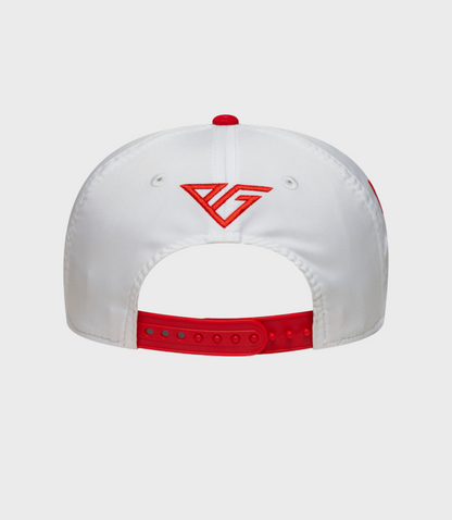 Rear view of white stretch snap cap with a red adjustable strap and red side embroidery.