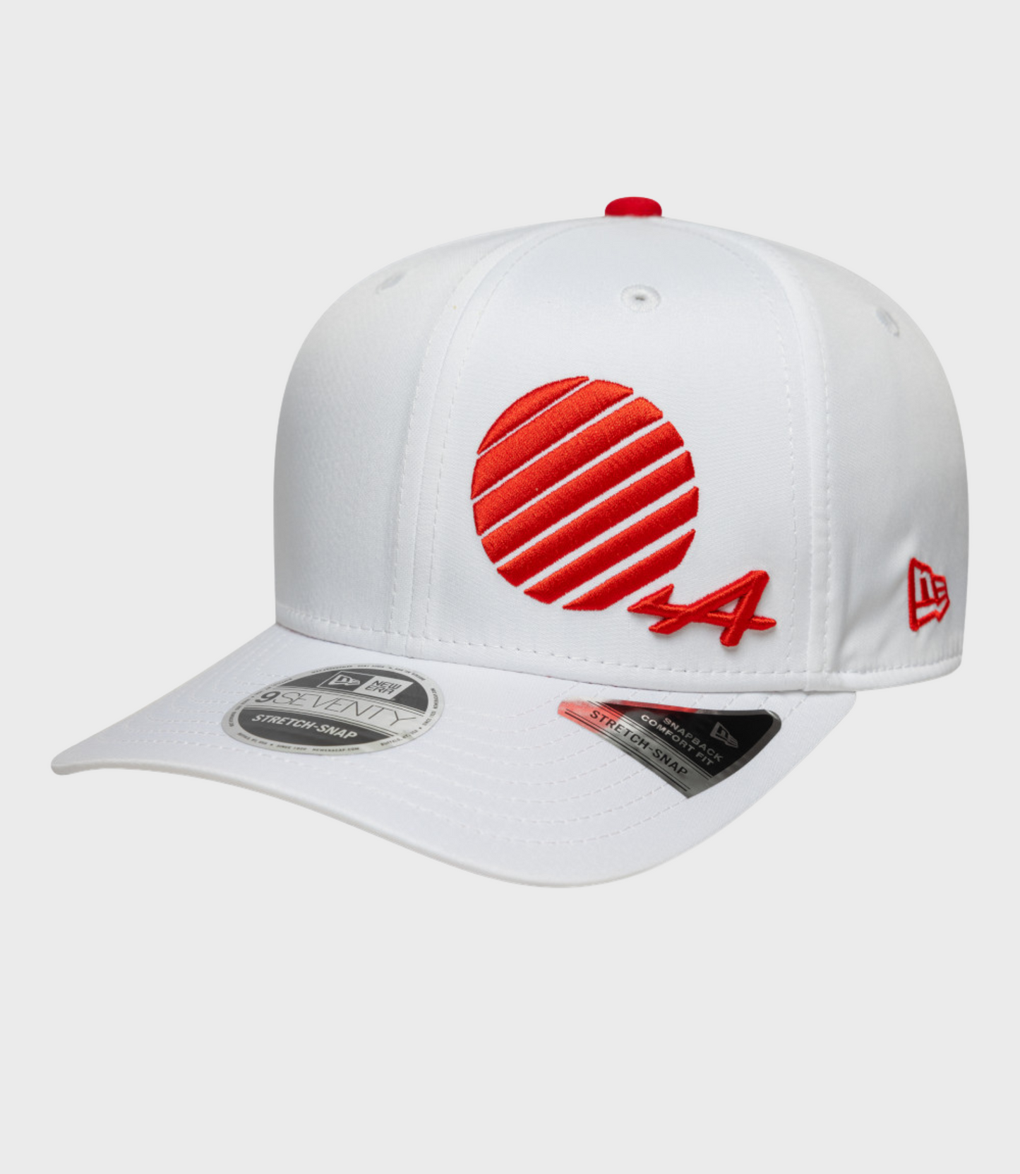 White New Era 9Seventy Stretch Snap cap with a red embroidered heart graphic on the front and brim stickers.